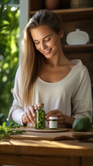 Woman with a dietary supplement in the kitchen