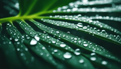Naklejka premium Foliage of tropical leaf in dark green with rain water drop on texture, abstract pattern nature