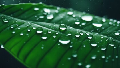 Foliage of tropical leaf in dark green with rain water drop on texture, abstract pattern nature