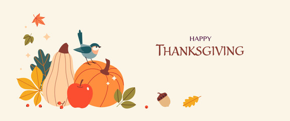 Happy Thanksgiving horizontal background, banner, greeting cards, poster, invitation. Vector template for autumn, thanksgiving design. Pumpkins, apple, fall leaves, berries and bird in flat style