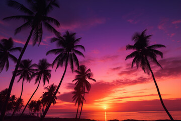 Fototapeta na wymiar Colorful sunset over a palm trees silhouette in a beautiful natural tropical environment