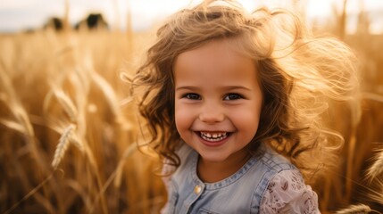 Photo of a joyful child looking directly at the camera against the backdrop of a wheat field, bathed in the warm glow of the setting sun.