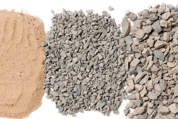 Raw construction materials, pile of sand and gravel or crushed stone for on white isolated...