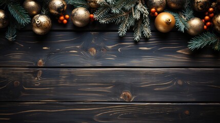 Fototapeta na wymiar A festive setting of golden Christmas ornaments, small orange berries, and green pine branches against a rustic dark wood backdrop.