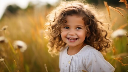 Photo of a joyful child looking directly at the camera against the backdrop of a wheat field, bathed in the warm glow of the setting sun.