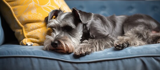 Small schnauzer snoozing on armchair