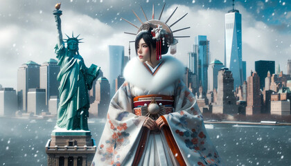 Korean superhero in front of the Statue of Liberty