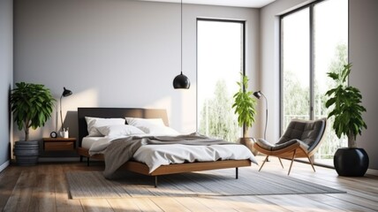 Bedroom decor, home interior design . Scandinavian Minimalist style with Large Window decorated with Wood and White Paint material . Generative AI AIG26.