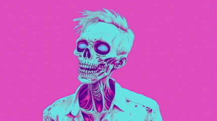Comic-style illustration of a zombie in pink and blue against a monochromatic pink background with...