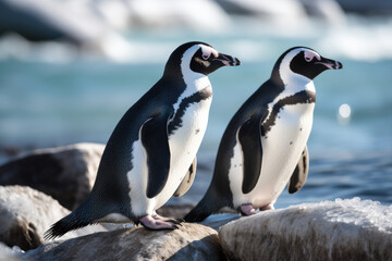 Fototapeta premium Two penguins on the rocks - Generative AI
