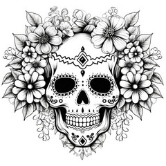 a drawing of a mexican skull head in black and white. Tattoo idea for mexico, day of the dead and  tradition.