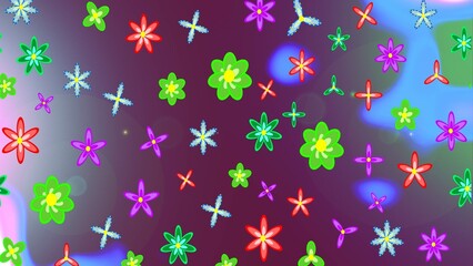 Fototapeta na wymiar Flowers on purple, blue and neutral colors. Flat Flower Elements Design. Colour Spring Theme sketch pattern Background. Sketch Floral Pattern in Raster illustration.