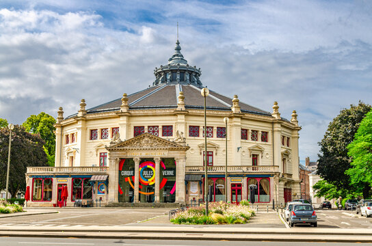 Amiens, France, July 3, 2023: The municipal circus Cirque Jules-Verne Pole National Cirque neoclassical architecture style building between Square Arlette Gruss and Square Annie Fratellini, France