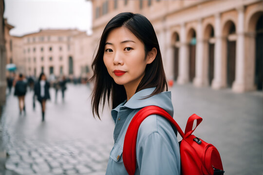 Young asian woman enjoying vacation in Europe. Backpacing in the streets of an european city