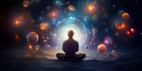 A man or woman meditate in the center of the universe surrounded by cosmic energy and infinite space symbolizing inner peace and spiritual connection ai generative ai
