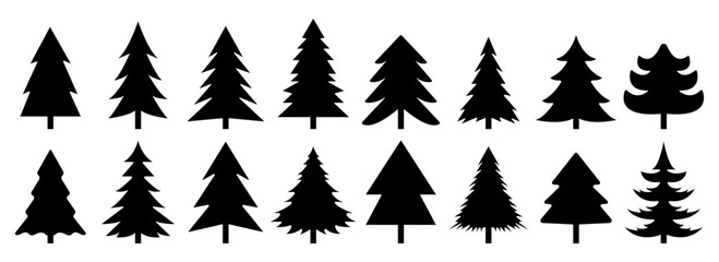 Christmas tree icon set. Vector illustration of pine silhouette - obrazy, fototapety, plakaty