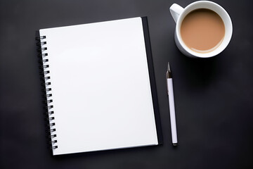 Fototapeta na wymiar Top view of blank white paper notepad with pencil and coffe cup on dark backgorund