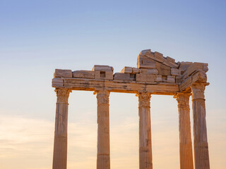 Fototapeta premium travel to ancient city of Side, Antalya coast of Turkey in tourist low season. Ruins of the Temple of Apollo in Side