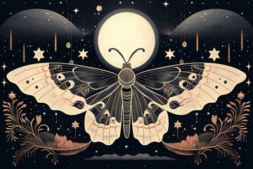 Silhouette of celestial moth embraced by mystical fungus, stars, and celestial elements, inspired by the phrase 'always find the light'. A boho celestial luna theme print. Generative AI