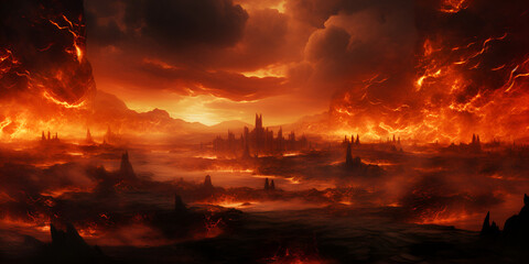 Landscape lava red volcano game background mountains destructions domain, digital art, generative AI
