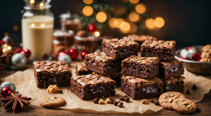 Christmas chocolate Brownies and Cookies. Festive Holiday Bites. A Scrumptious Spread of Festive Brownies in All Their Delectable Glory - obrazy, fototapety, plakaty