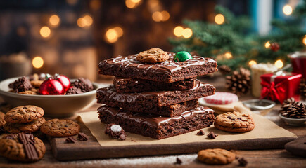 Christmas chocolate Brownies and Cookies. Festive Holiday Bites. A Scrumptious Spread of Festive Brownies in All Their Delectable Glory. Velvet Truffle Bliss - obrazy, fototapety, plakaty