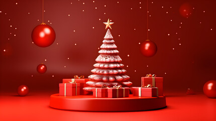 Christmas background with Christmas tree and gift boxes. on Red background.and gift boxes. on Red background.and gift boxes. on Red background