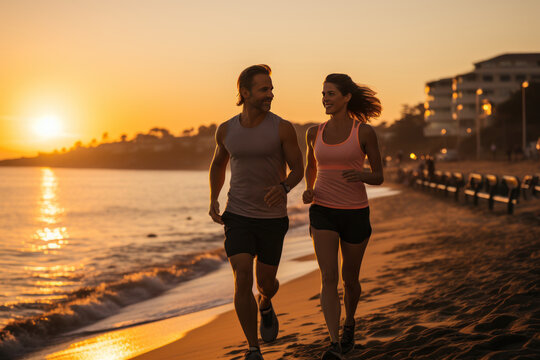 Jogging workout. Silhouette of a young couple during jogging workout on the beach at sunset. Man and woman running on the beach in evening.