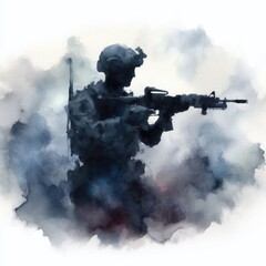 Silhouette of an army soldier in military combat. - obrazy, fototapety, plakaty