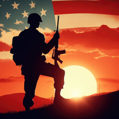 Silhouette of a soldier with usa flag. - obrazy, fototapety, plakaty