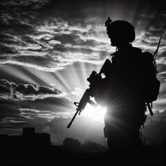 Silhouette of a soldier in uniform. - obrazy, fototapety, plakaty