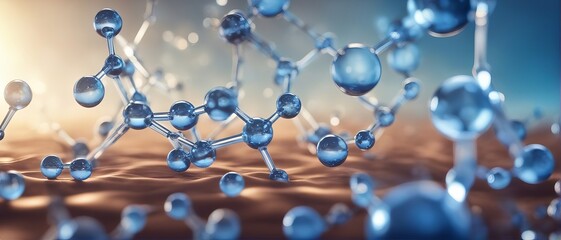 yaluronic acid molecules. Hydrated chemicals, molecular structure and blue spherical molecule - obrazy, fototapety, plakaty