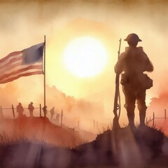 Silhouette of a soldier on battlefield at sunset. - obrazy, fototapety, plakaty
