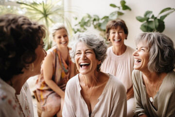 Group of happy older women laughing and having fun at the social gathering 