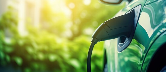 Electric car inlet with connected charging cable in green background close up