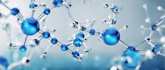 yaluronic acid molecules. Hydrated chemicals, molecular structure and blue spherical molecule