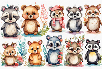 Watercolor seamless pattern with cute baby bear, raccoon, penguin and deer