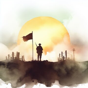 Sunrise silhouette of a soldier on battlefield.