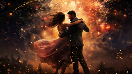 couple dancing in the night, firework