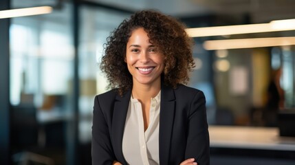 Fototapeta premium Portrait of attractive confident businesswoman looking at camera in the office