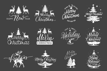 Merry Christmas. Happy New Year. Typography set. Vector logo, emblems, text design. Usable for banners, greeting cards, gifts etc.