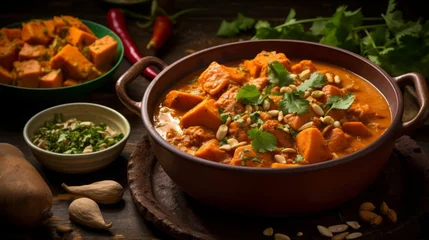 Fototapeten food photography African peanut stew with chicken and sweet potatoes, copy space, 16:9 © Christian