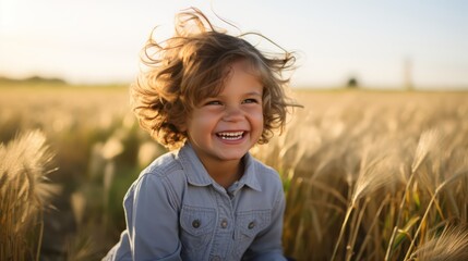 Capturing the innocence and happiness of a child, this photo features a radiant smile against the picturesque backdrop of a golden wheat field in the warm evening sunlight
