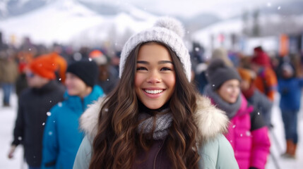 Young Asian woman in white and gray hat smiles in diverse crowd at lively outdoor event, creating a cheerful atmosphere.