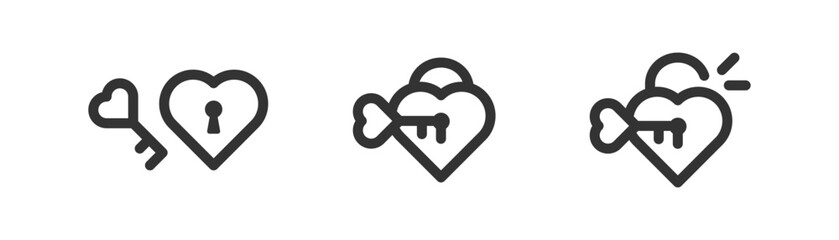 Heart shaped padlock with key in keyhole icon, love, romance, happy st Valentines day simple outline flat style vector illustration.