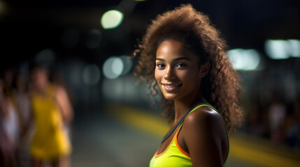 Young black woman with curly hair smiles in well-lit subway station, radiating happiness and positivity. - obrazy, fototapety, plakaty