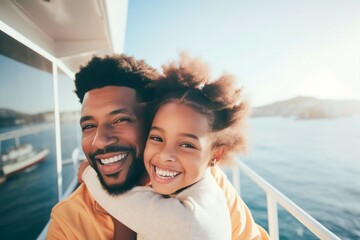 African child girl traveling on a cruise ship with their father enjoying the beautiful sunny atmosphere on board - obrazy, fototapety, plakaty