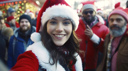 Young woman in Santa hat taking festive selfie in a crowd.