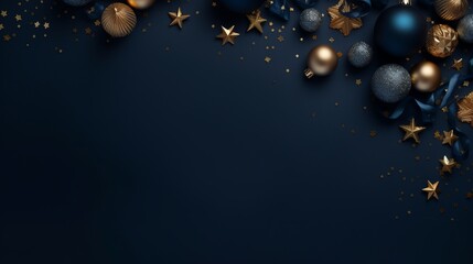 Christmas background with blue baubles and golden stars.Dark blue background