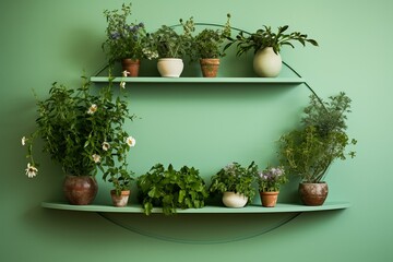 Flowerpot shelf, green wall. Generative AI